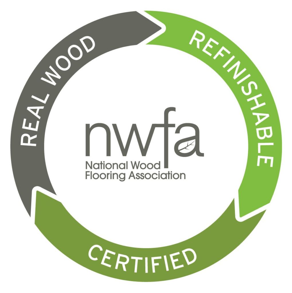 A circular logo with arrows pointing to the words real wood, refinishable and certified.